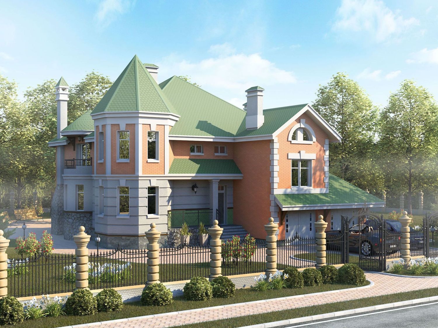 Превью для проекта в портфолио ««Паркон» - проект двухэтажного дома, в стиле замка, с угловой башней, вторым светом и террасой»