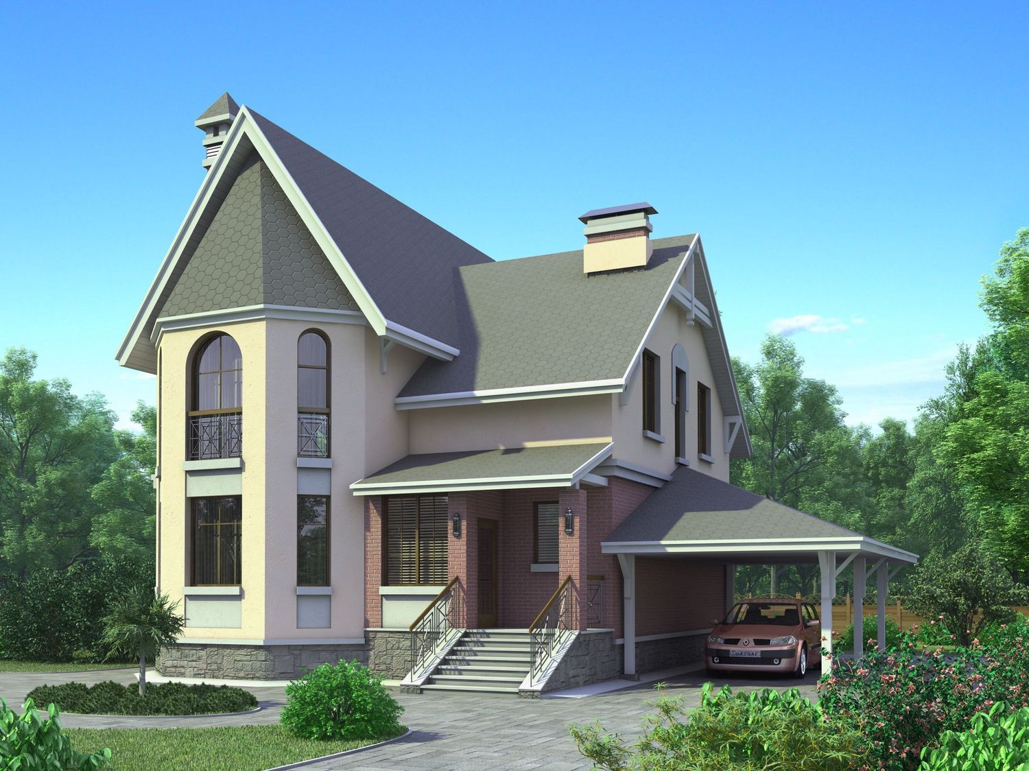 Превью для проекта в портфолио ««Аристо» - проект двухэтажного дома с гаражом, с эркером и с террасой, с навесом для авто»