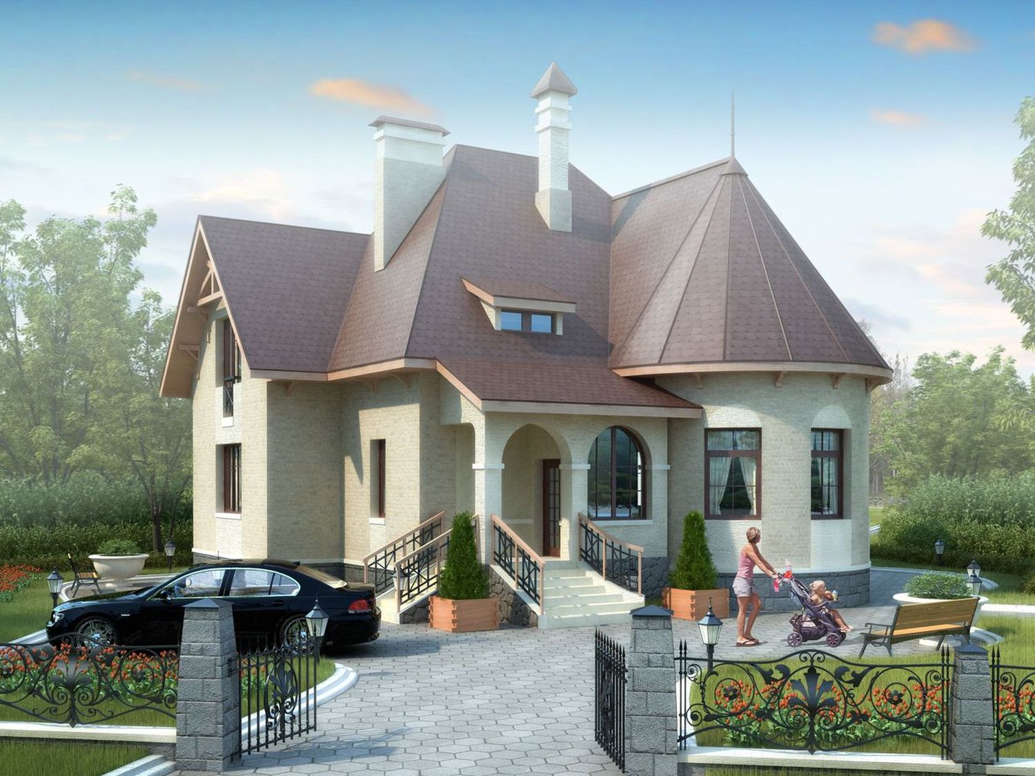 Превью для проекта в портфолио ««Авалон» - проект двухэтажного дома с полукруглым эркером, с террасой, с башней в стиле замка»