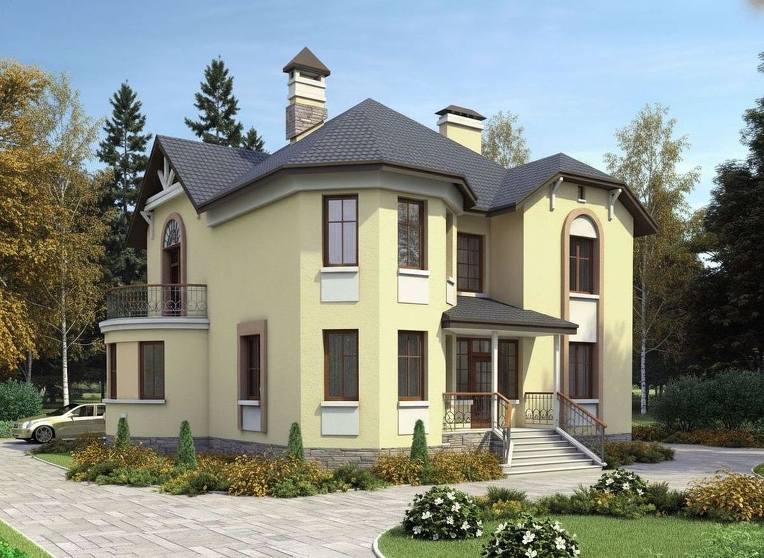 Превью для проекта в портфолио ««Амбиент» - проект двухэтажного дома из газобетона, с эркером и с террасой, открытая планировка»