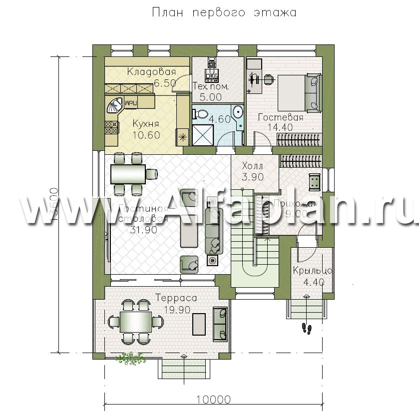 «Нить Ариадны» - проект дома 10х10м, терраса со стороны входа, комфортная планировкой - план дома