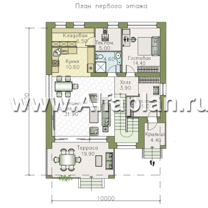 «Нить Ариадны» - проект дома 10х10м, терраса со стороны входа, комфортная планировкой - превью план дома