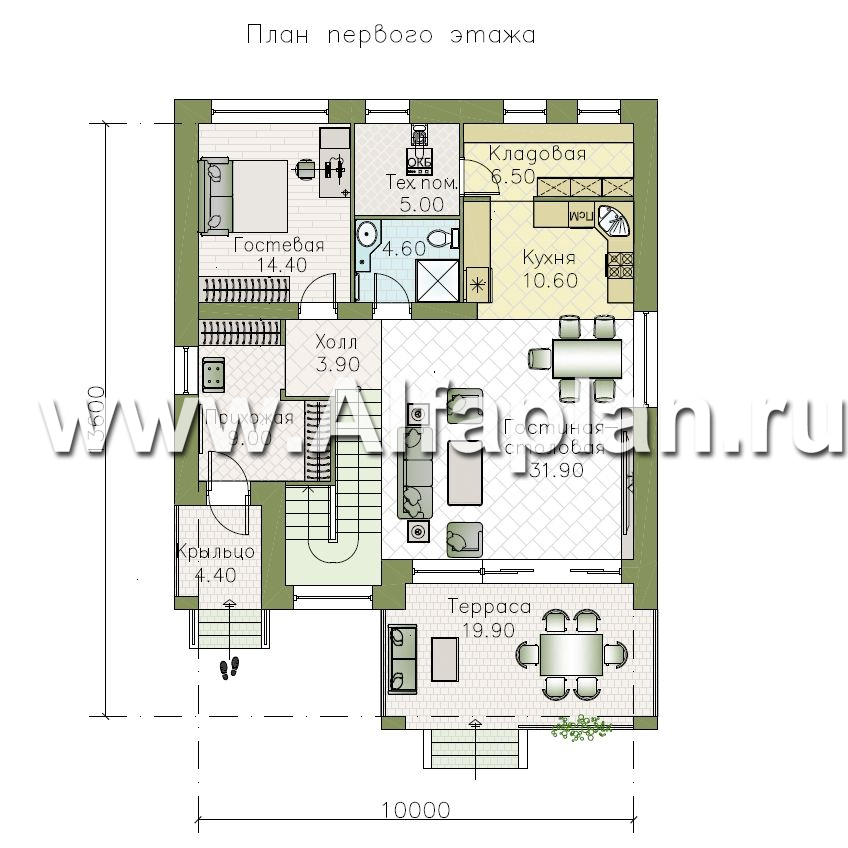 «Нить Ариадны» - проект дома 10х10м, терраса со стороны входа, комфортная планировкой - план дома