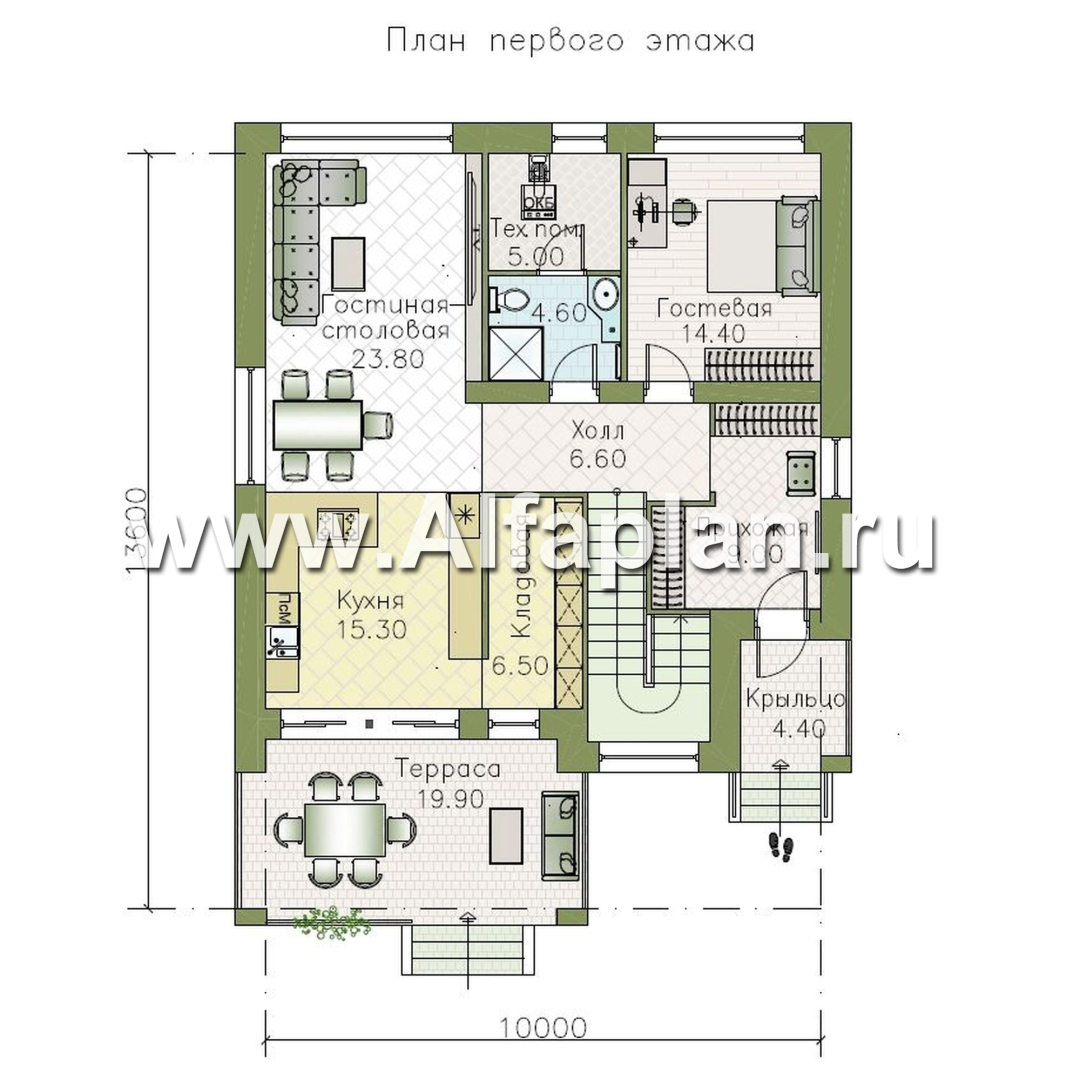 «Нить Ариадны» - проект дома 10х10м, постирочная, терраса со стороны входа, удобная планировка - план дома