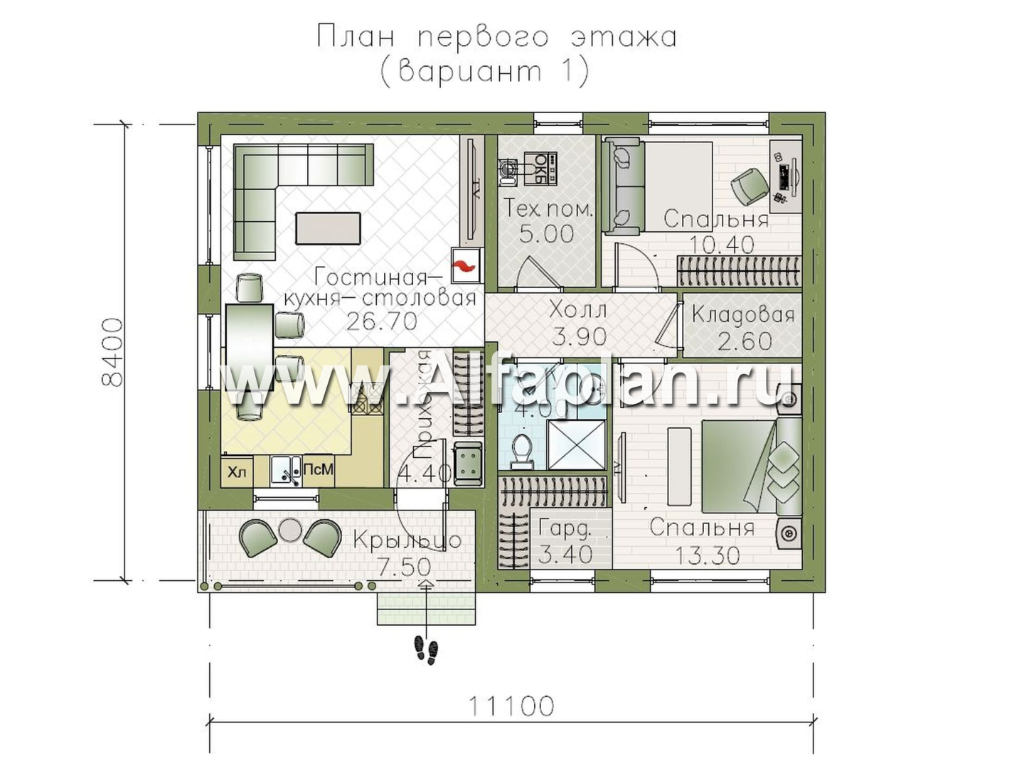 «Прагматик» - проект рационального одноэтажного дома, планировка 2 спальни, с двускатной крышей - план дома