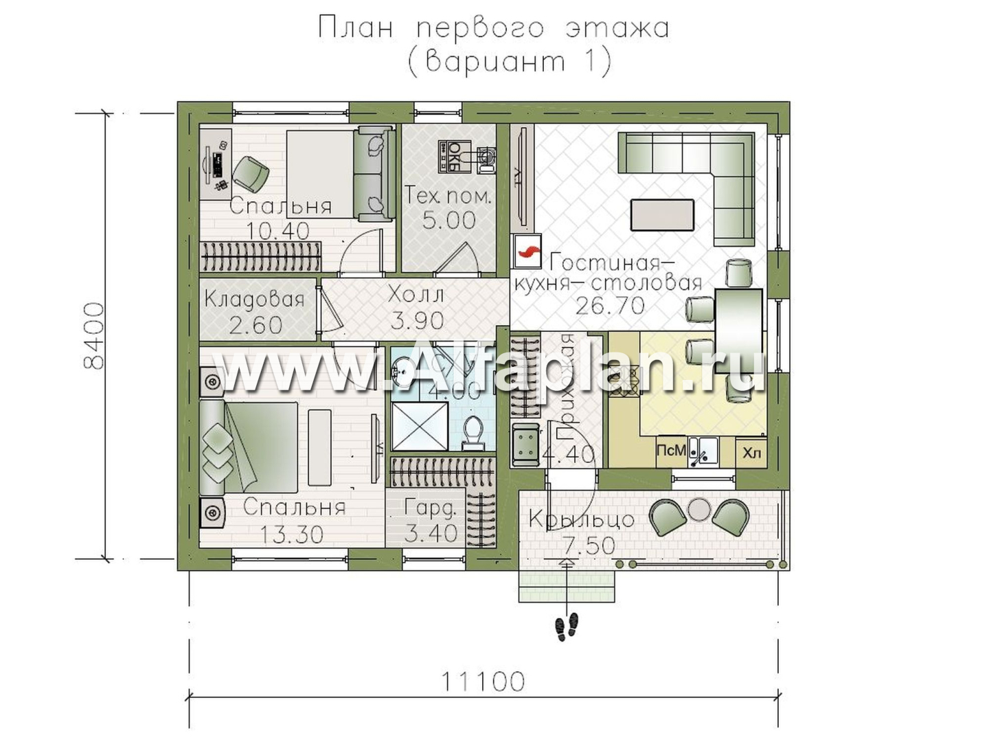 «Прагматик» - проект рационального одноэтажного дома, планировка 2 спальни, с двускатной крышей - план дома