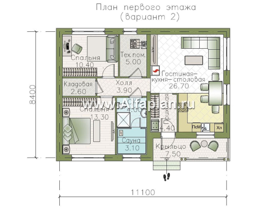 «Прагматик» - проект рационального одноэтажного дома, планировка 2 спальни, с двускатной крышей - превью план дома