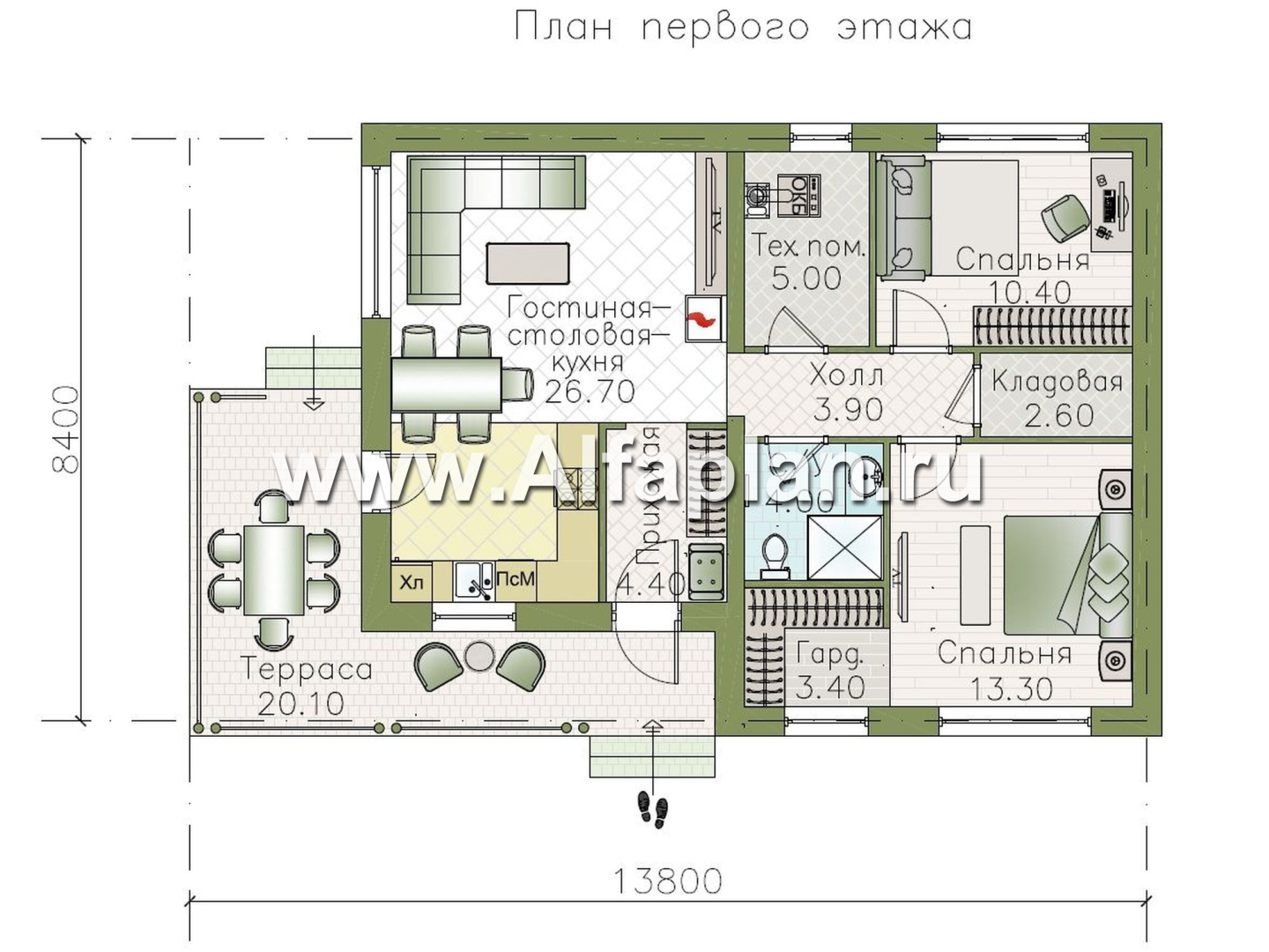 «Прагматика» - проект умного одноэтажного дома, планировка 2 спальни, с террасой и двускатной крышей - план дома