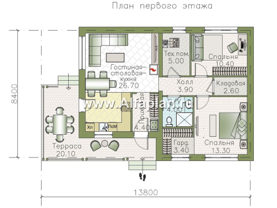 «Прагматика» - проект умного одноэтажного дома, планировка 2 спальни, с террасой и двускатной крышей - превью план дома