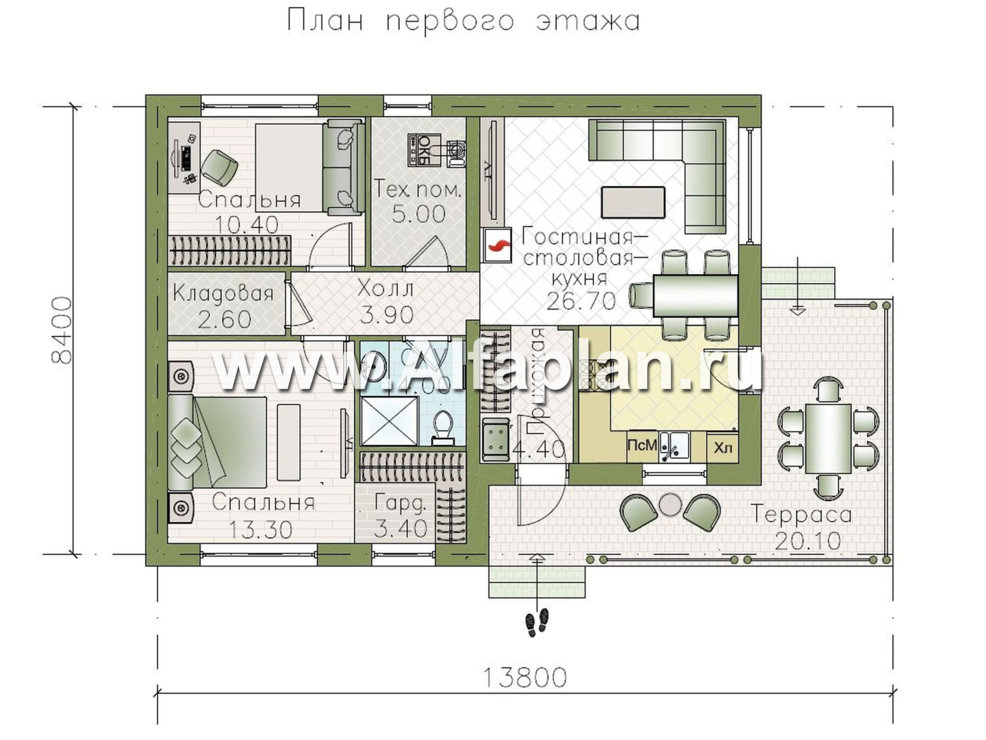«Прагматика» - проект умного одноэтажного дома, планировка 2 спальни, с террасой и двускатной крышей - план дома