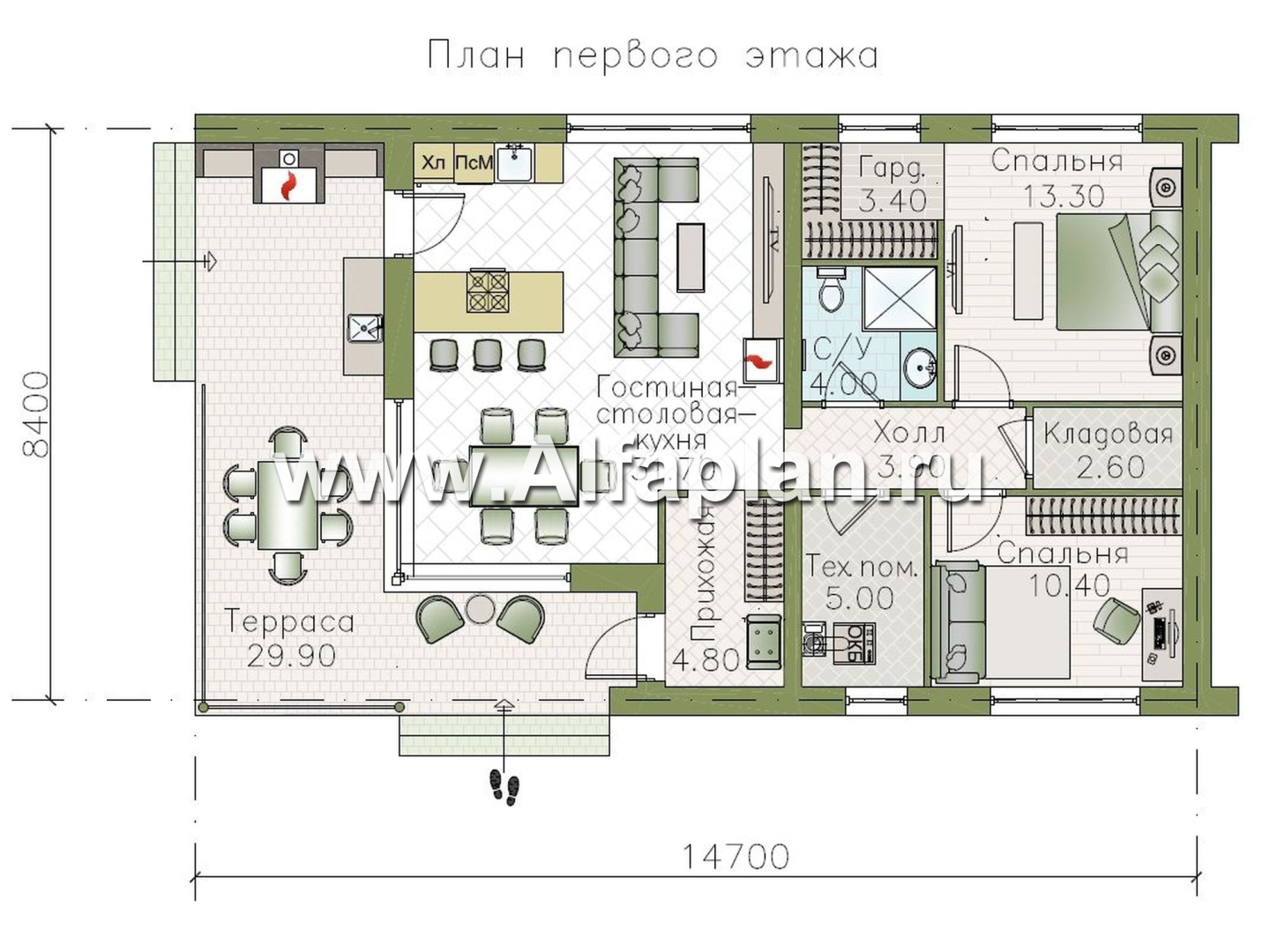 «Прагматика» - проект красивого дома барнхаус, планировка 2 спальни, с террасой и двускатной крышей  - план дома