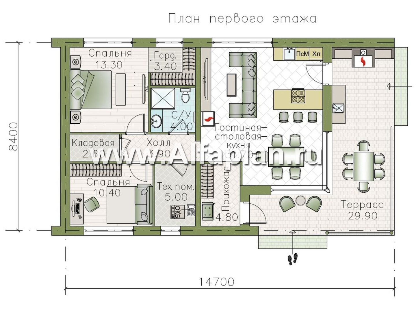 «Прагматика» - проект красивого дома барнхаус, планировка 2 спальни, с террасой и двускатной крышей - план дома