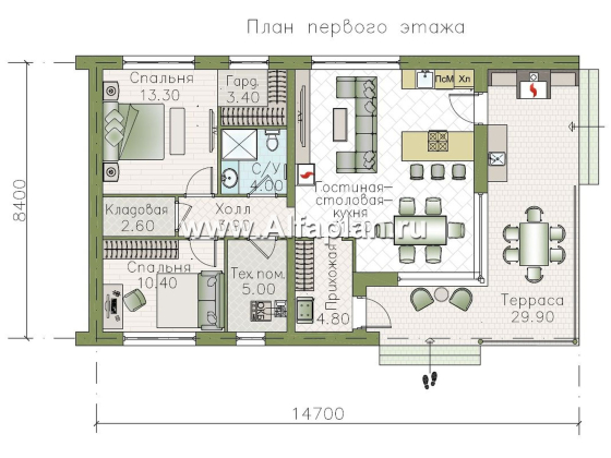 «Прагматика» - проект красивого дома барнхаус, планировка 2 спальни, с террасой и двускатной крышей - превью план дома