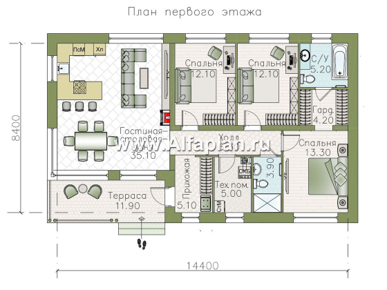 «Сиеста» - проект одноэтажного эконом дома для отдыха, планировка 3 спальни, с двускатной крышей - превью план дома