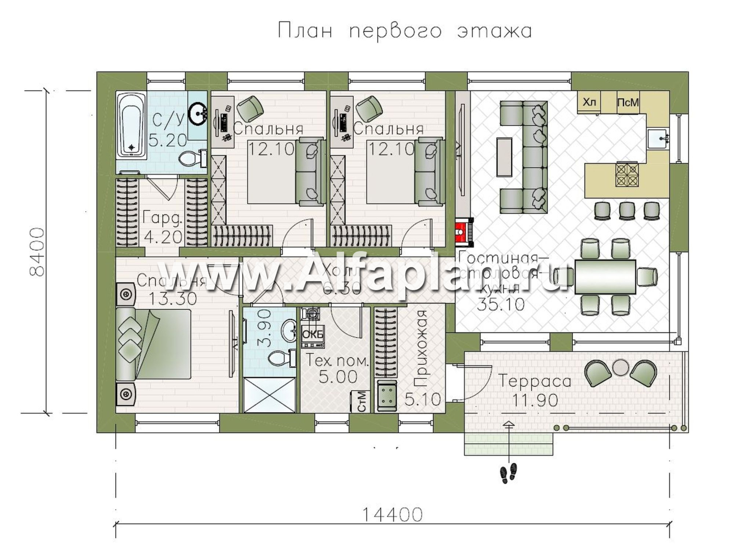 «Сиеста» - проект одноэтажного эконом дома для отдыха, планировка 3 спальни, с двускатной крышей - план дома