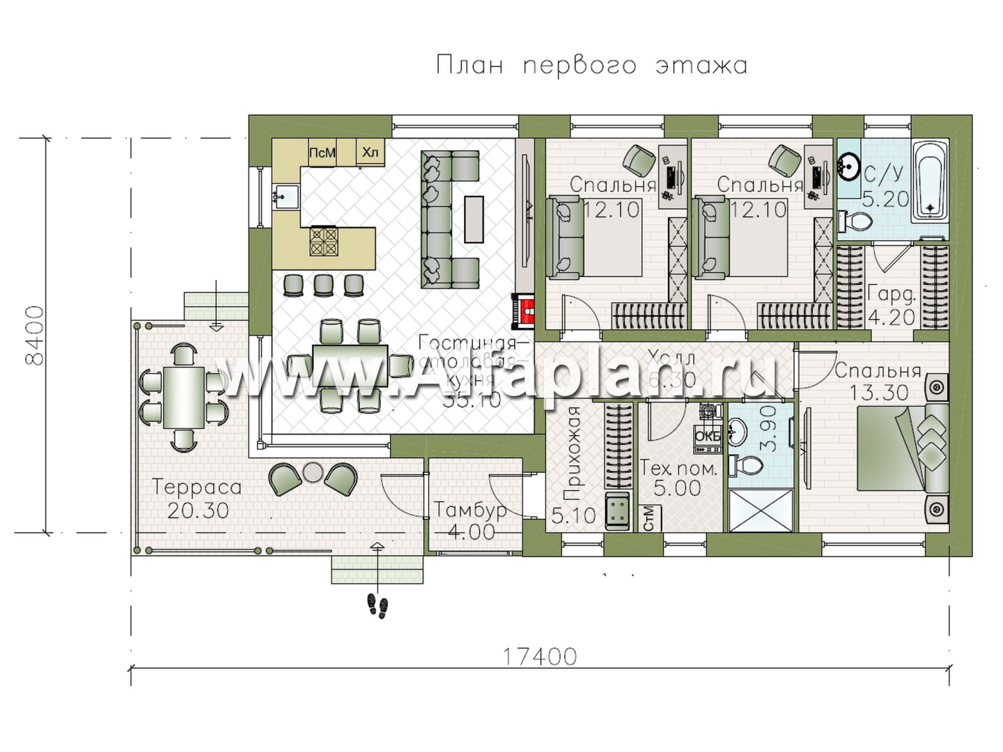 «Сиеста» - проект одноэтажного эконом дома для отдыха, планировка 3 спальни, с двускатной крышей и террасой - план дома