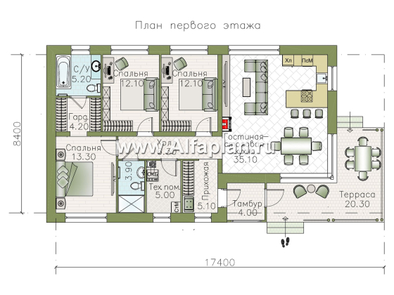 «Сиеста» - проект одноэтажного эконом дома для отдыха, планировка 3 спальни, с двускатной крышей и террасой - превью план дома