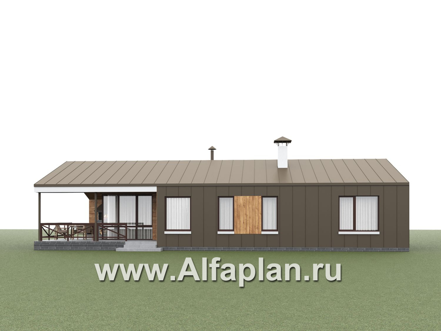 «Сиеста» - проект одноэтажного эконом дома в стиле барн, планировка 3 спальни, с двускатной крышей и террасой - дизайн дома №6