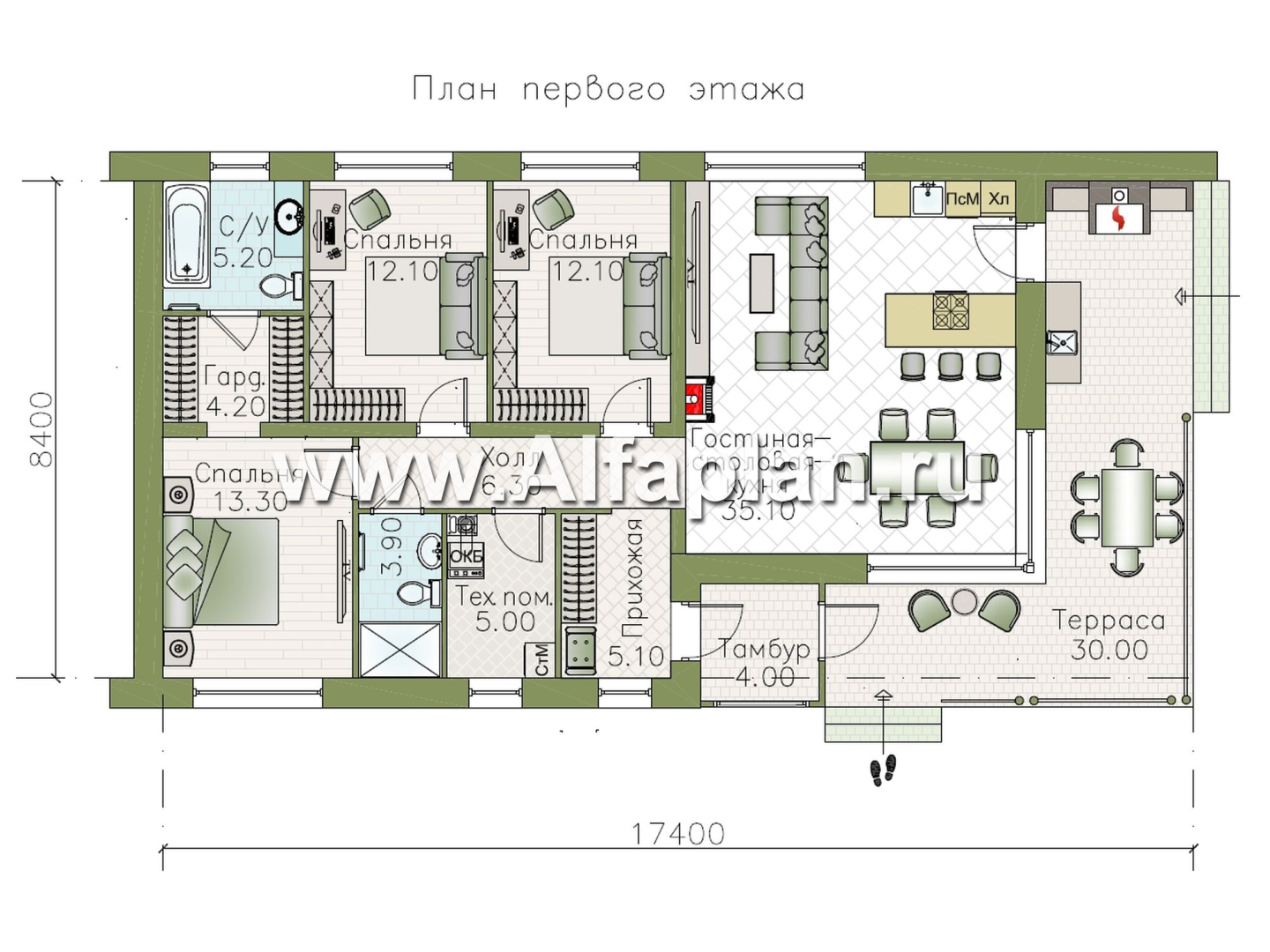 «Сиеста» - проект одноэтажного эконом дома в стиле барн, планировка 3 спальни, с двускатной крышей и террасой - план дома