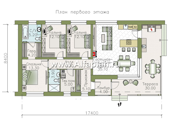 «Сиеста» - проект одноэтажного эконом дома в стиле барн, планировка 3 спальни, с двускатной крышей и террасой - превью план дома