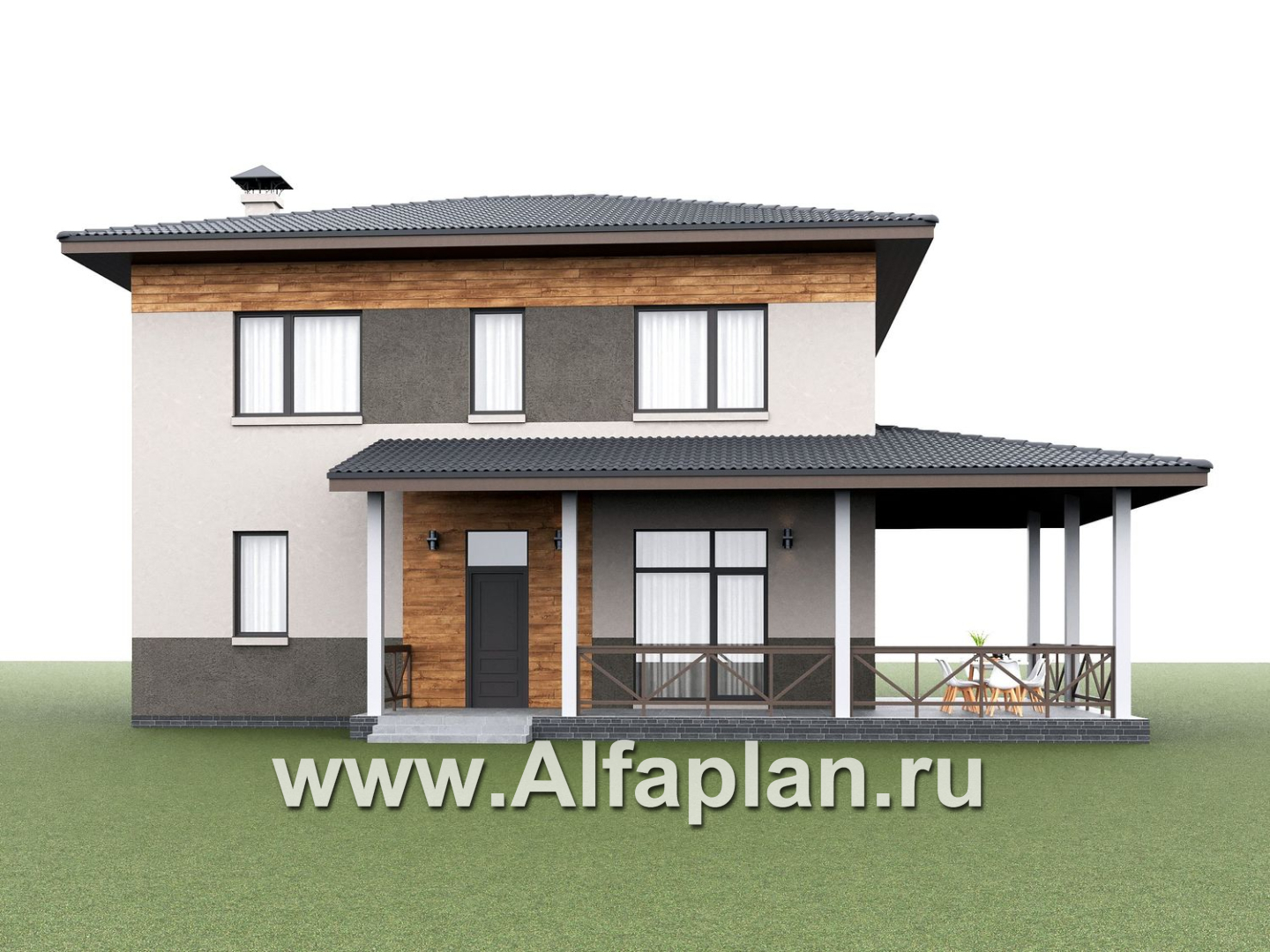 «Практика» - проект простого дома из газобетона, с террасой со стороны главного фасада - дизайн дома №3