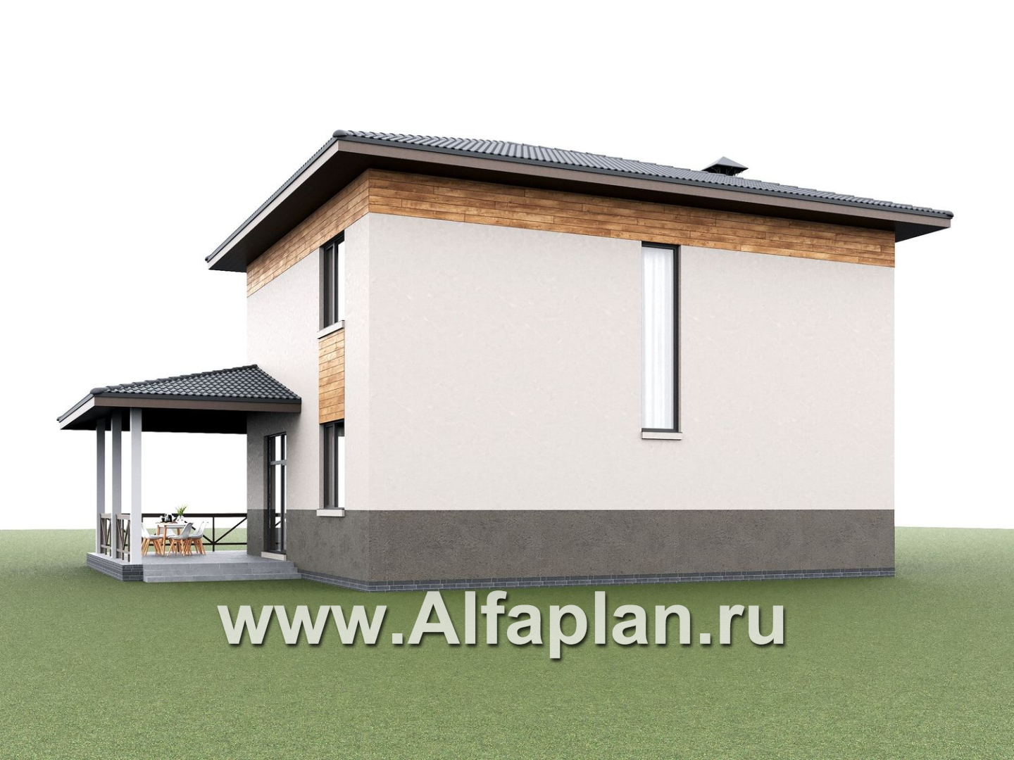 «Практика» - проект простого дома из газобетона, с террасой со стороны главного фасада - дизайн дома №4