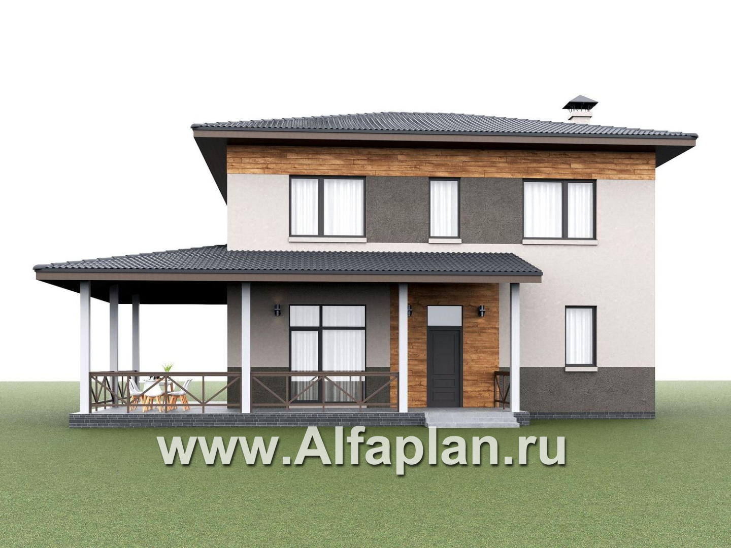«Практика» - проект простого дома из газобетона, с террасой со стороны главного фасада - дизайн дома №3