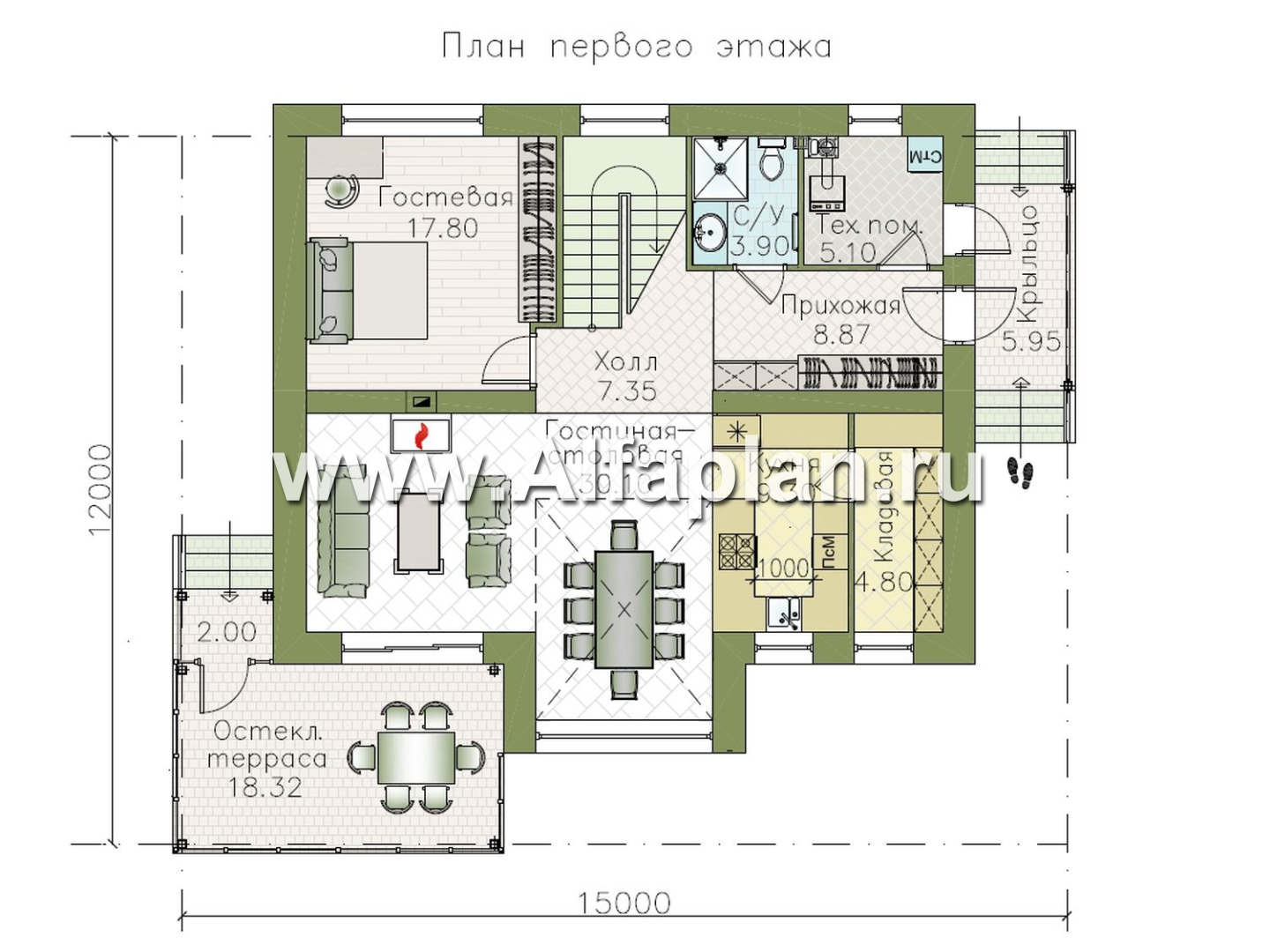 «Регата» - красивый проект дома с мансардой, планировка кухня с кладовой, гостиная со стороны террасы, мастер спальня - план дома