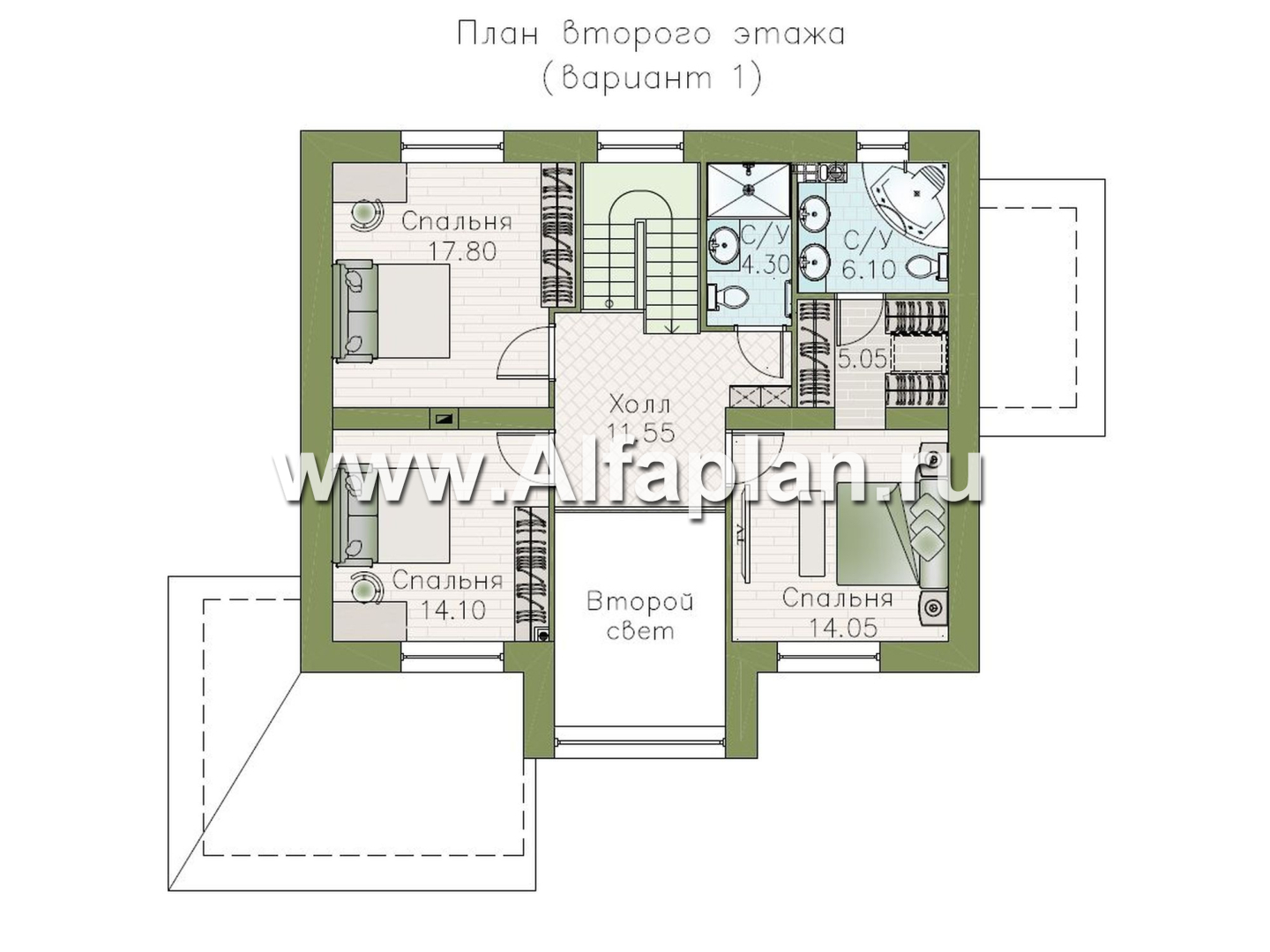 «Регата» - красивый проект дома с мансардой, планировка кухня с кладовой, гостиная со стороны террасы, мастер спальня - план дома