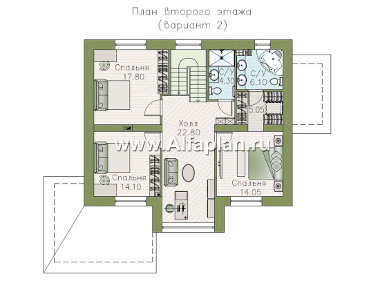 «Регата» - красивый проект дома с мансардой, планировка кухня с кладовой, гостиная со стороны террасы, мастер спальня - превью план дома