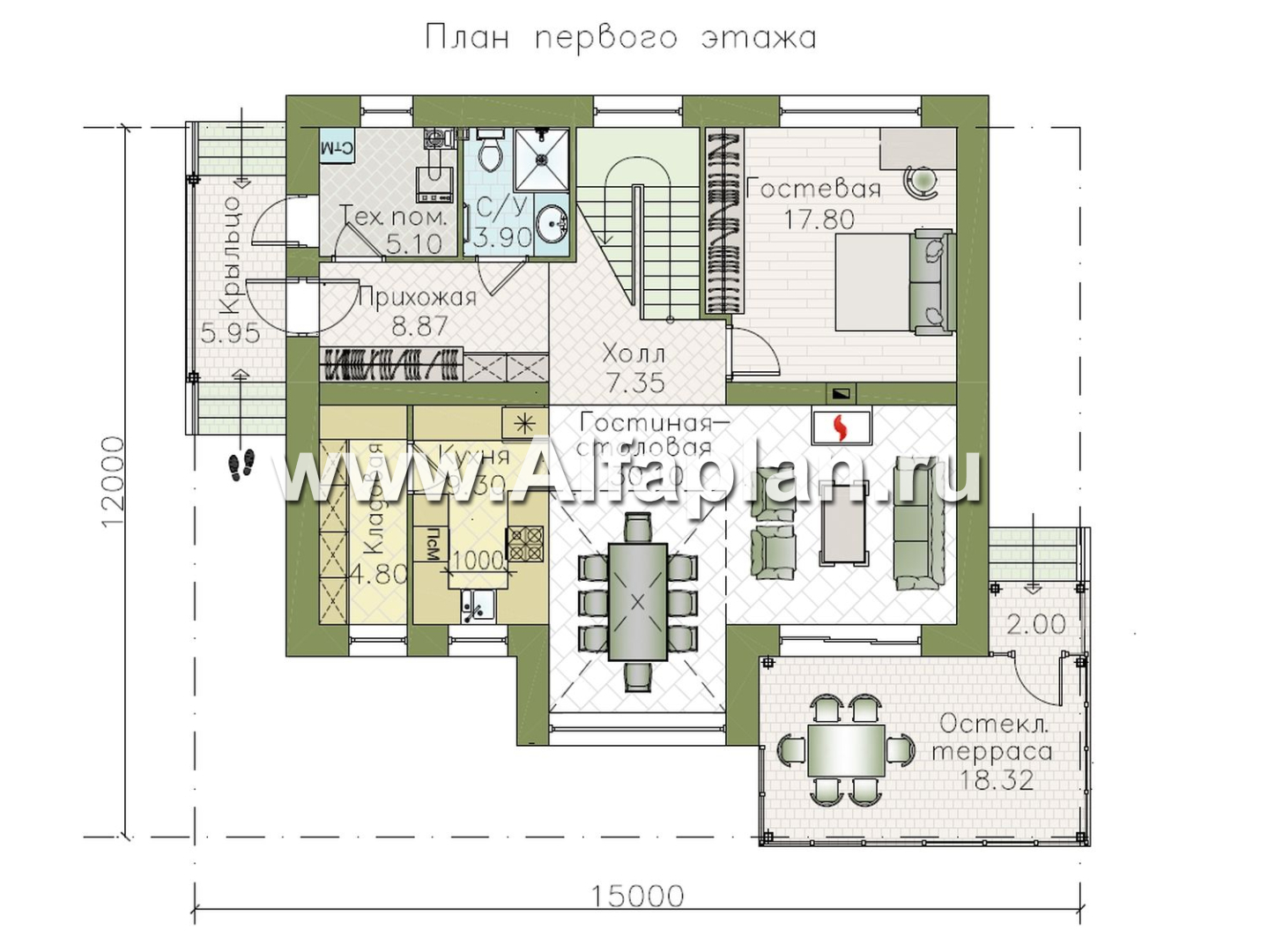 «Регата» - красивый проект дома с мансардой, планировка кухня с кладовой, гостиная со стороны террасы, мастер спальня - план дома