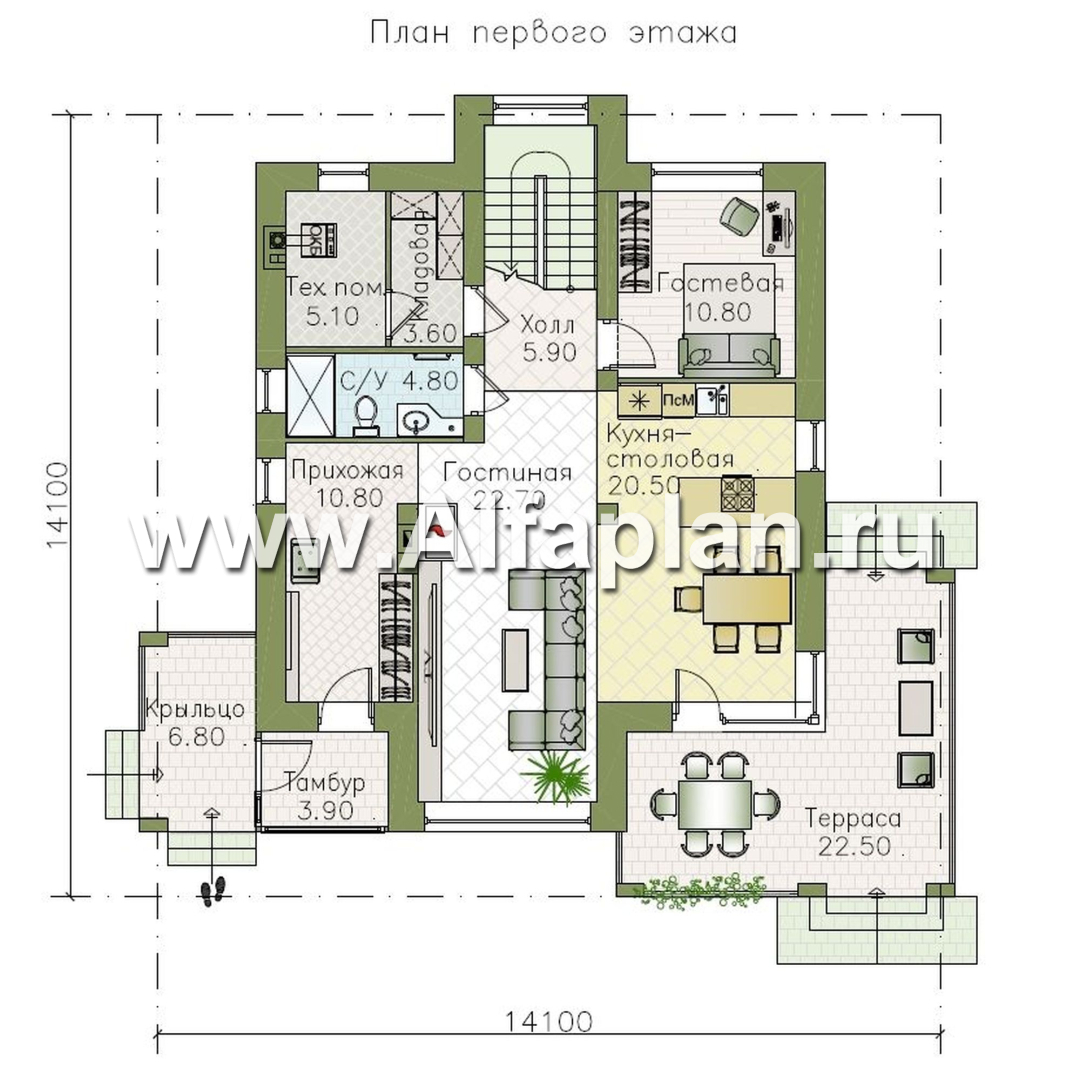 «Монтана» - проект двухэтажного дома из кирпича, планировка мастер спальня и терраса, в стиле Райта - план дома