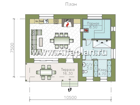 Проект бани с барбекю в гостиной и с террасой - превью план дома