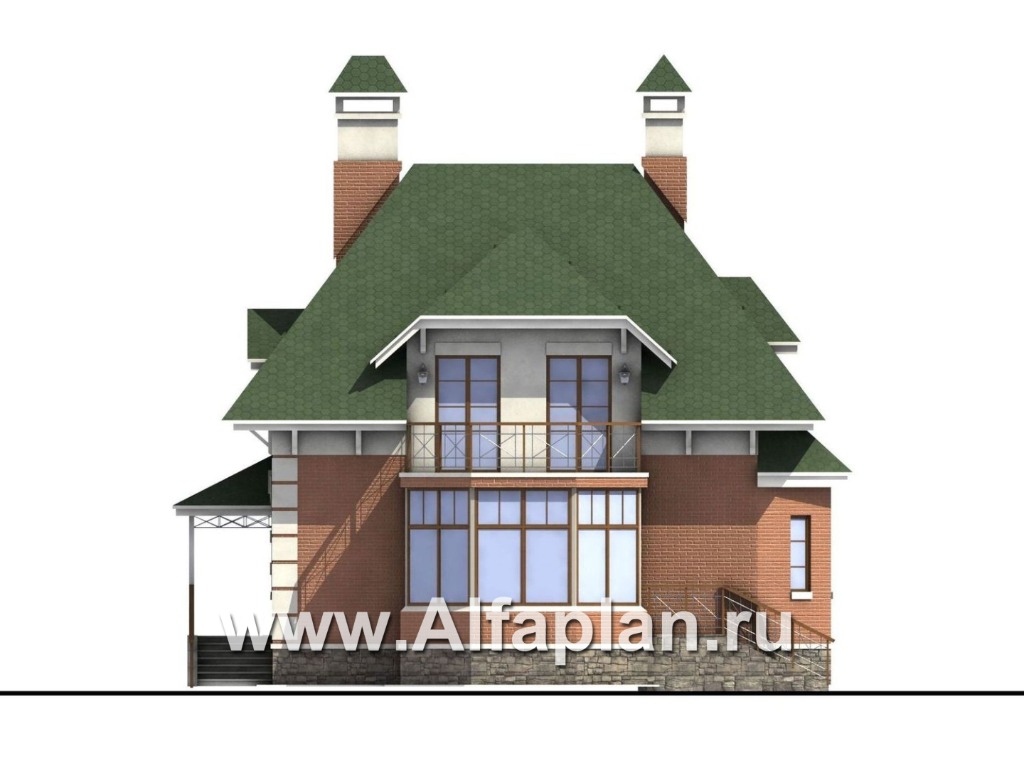 «Шамбре» -  проект дома с мансардой, с террасой, комната на 1-ом этаже, в английском стиле  - фасад дома