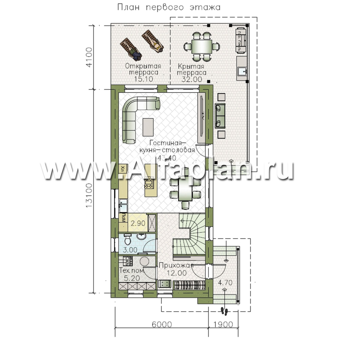 «Писарро» - проект двухэтажного дома для узкого участка, 3 спальни, с террасой, на 1 метр короче 379В, с односкатной кровлей - план дома - фото №1