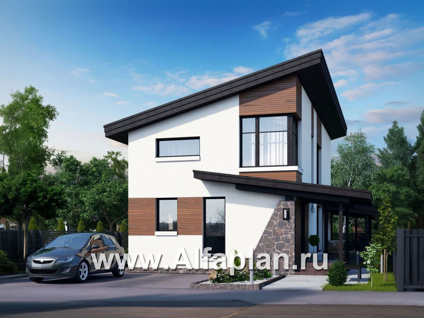 «Писарро» - проект двухэтажного дома для узкого участка, 3 спальни, с террасой, на 1 метр короче 379В, с односкатной кровлей - дизайн дома №1