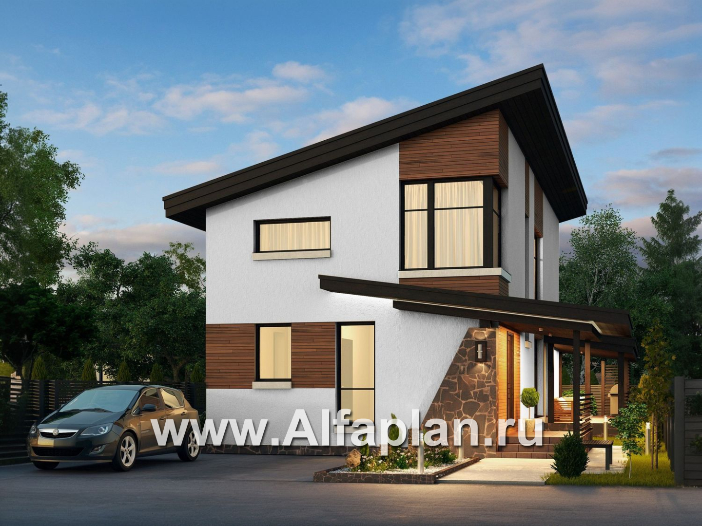 «Писарро» - проект двухэтажного дома для узкого участка, 3 спальни, с террасой, на 1 метр короче 379В, с односкатной кровлей - дизайн дома №2