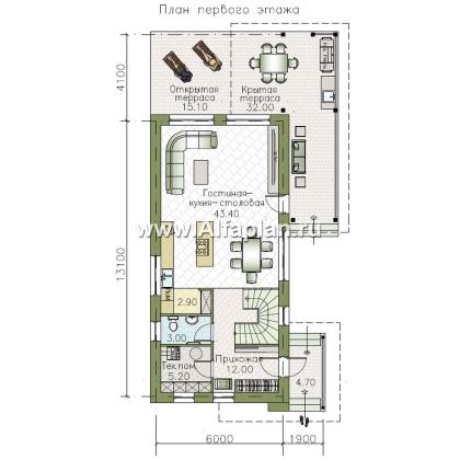 «Писарро» - проект двухэтажного дома для узкого участка, 3 спальни, с террасой, на 1 метр короче 379В, с односкатной кровлей - превью план дома - фото №1