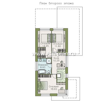 «Писарро» - проект двухэтажного дома для узкого участка, 3 спальни, с террасой, на 1 метр короче 379В, с односкатной кровлей - превью план дома - фото №2