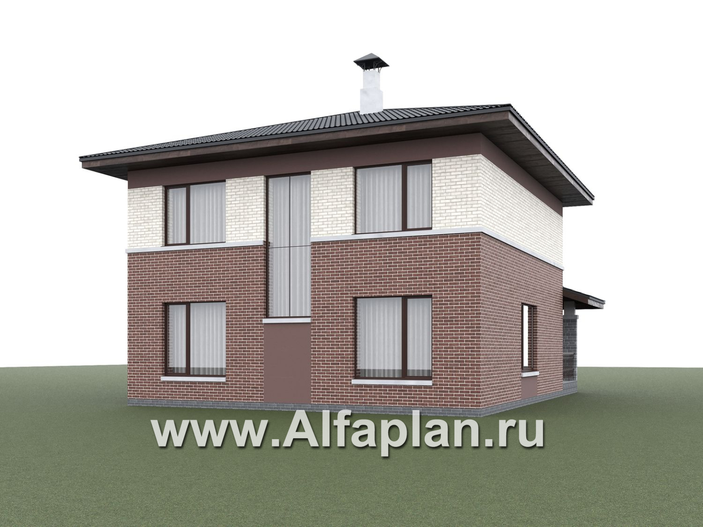 «Невада» - проект двухэтажного дома из газобетона, с террасой со стороны входа, в стиле Райта, фасады из кирпичей - дизайн дома №4