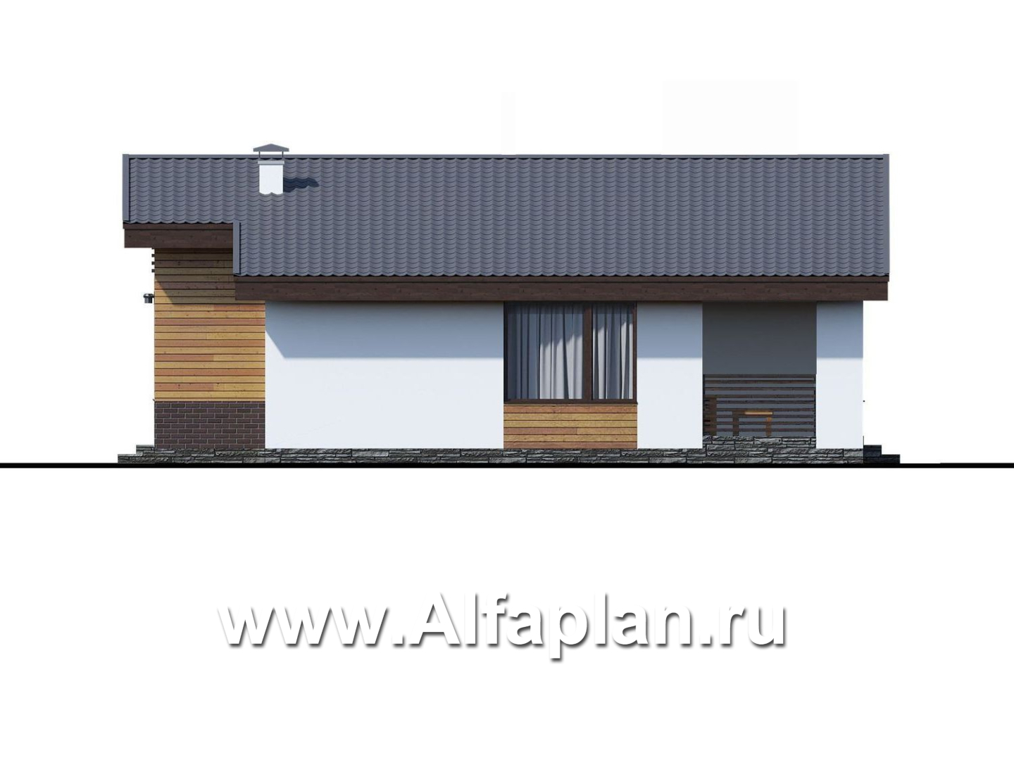 «Альфа» - проект красивого одноэтажного дома из газобетона, 3 спальни, с мини террасой, в скандинавском стиле  - фасад дома