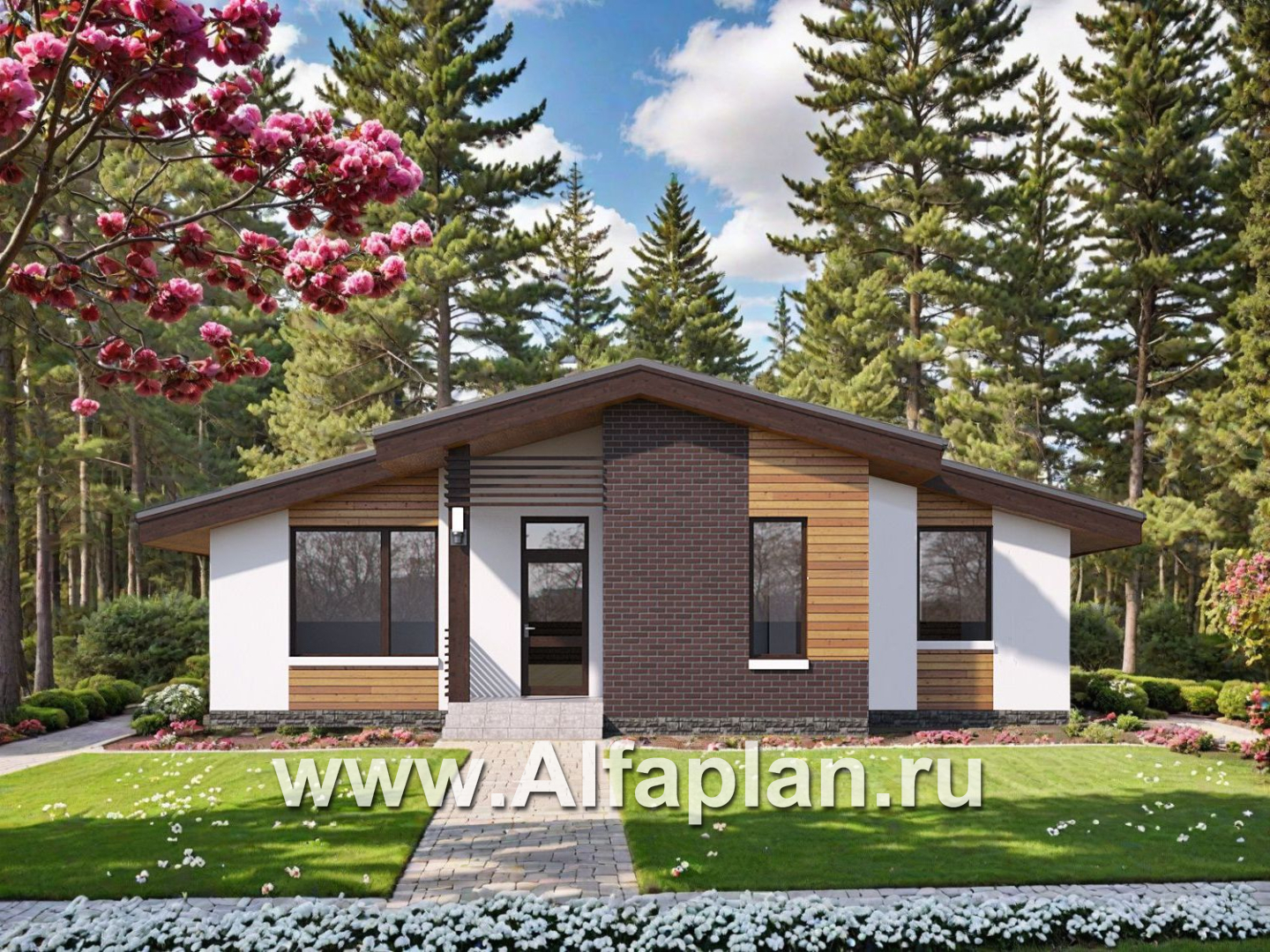 «Альфа» - проект красивого одноэтажного дома из газобетона, 3 спальни, с мини террасой, в скандинавском стиле  - основное изображение