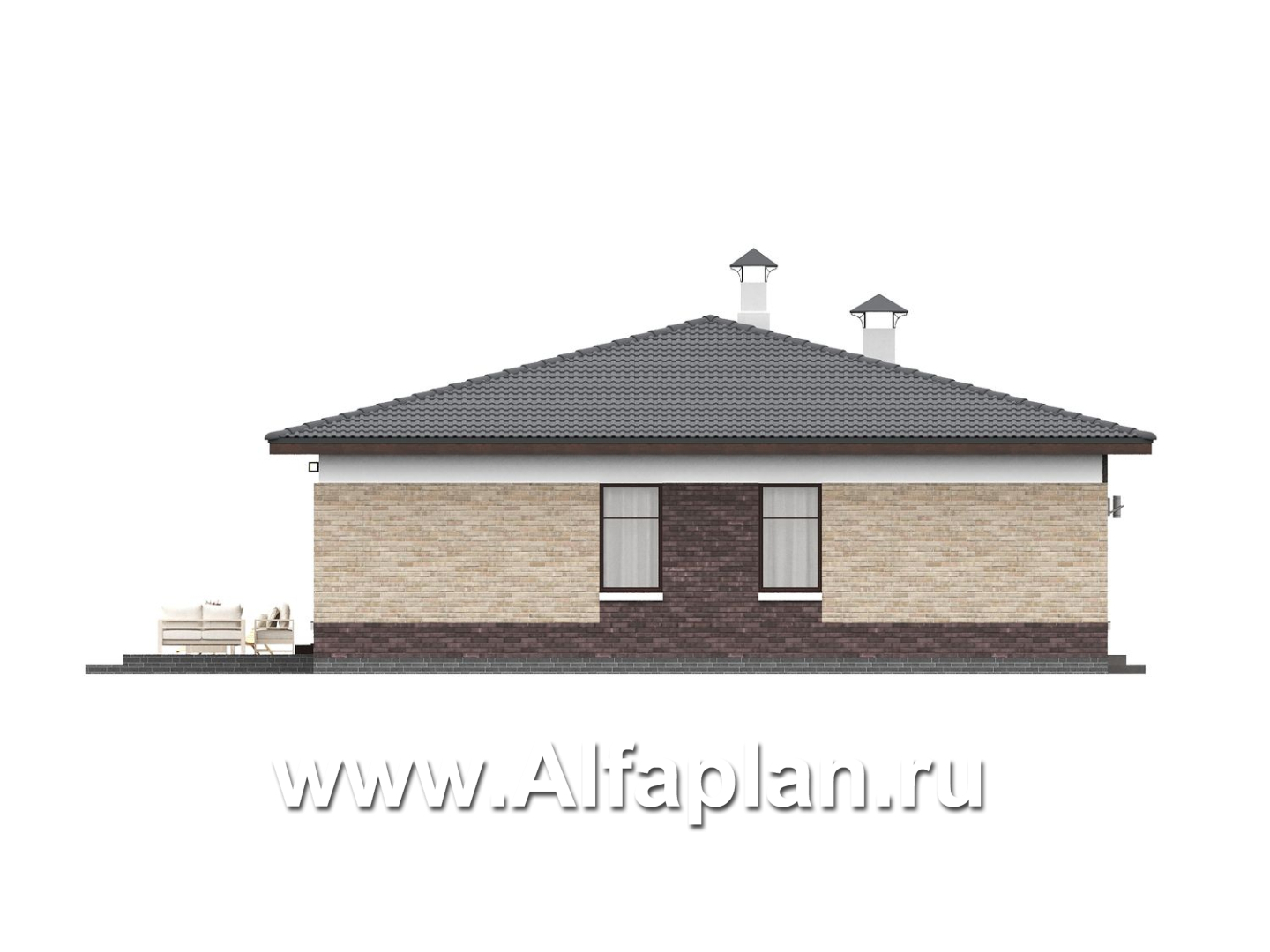 «Соблазн» - проект одноэтажного дома, 3 спальни, панорамное остекление гостиной со стороны двора, отличная планировка - фасад дома