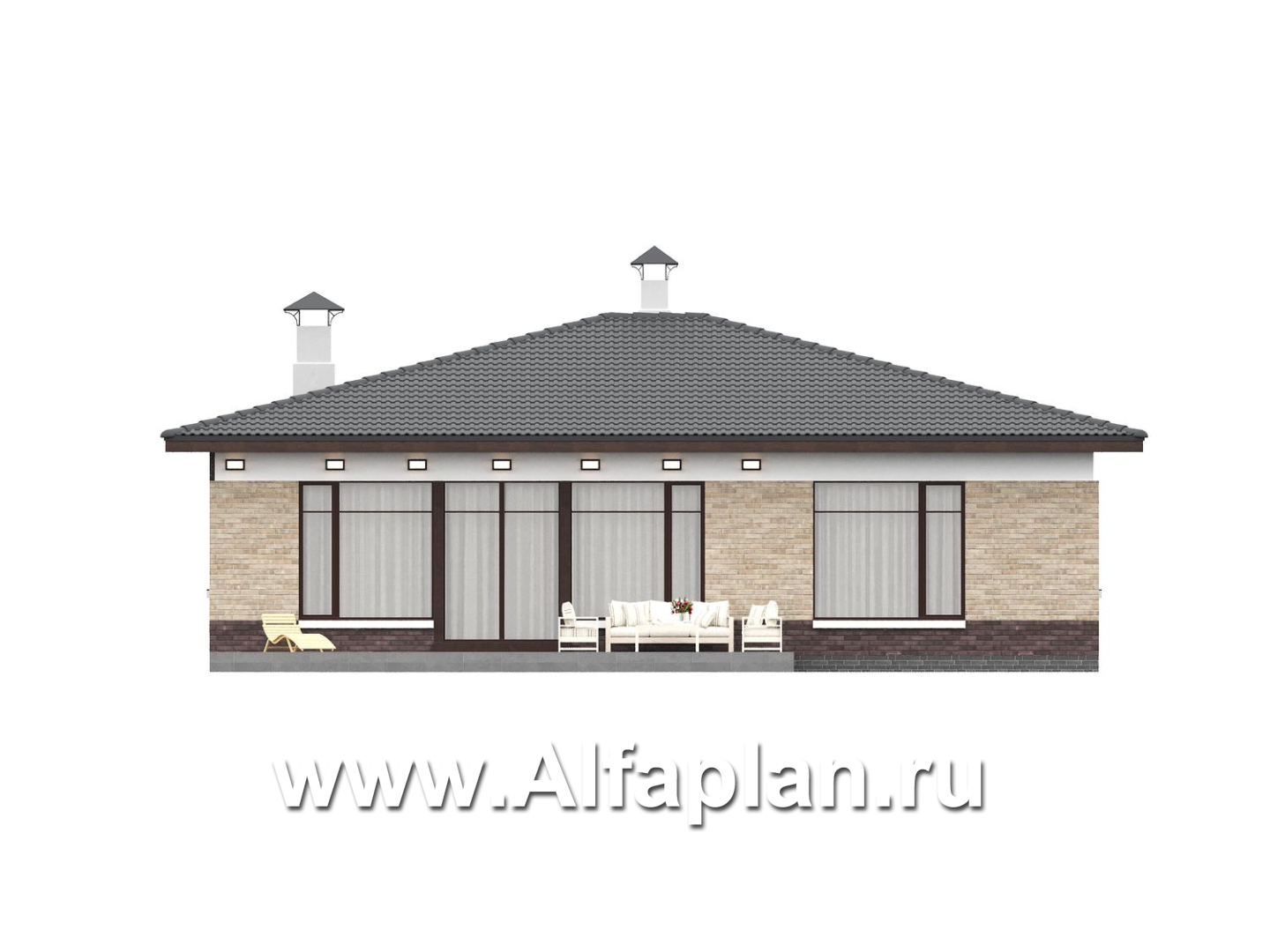 «Соблазн» - проект одноэтажного дома, 3 спальни, панорамное остекление гостиной со стороны двора, отличная планировка - фасад дома