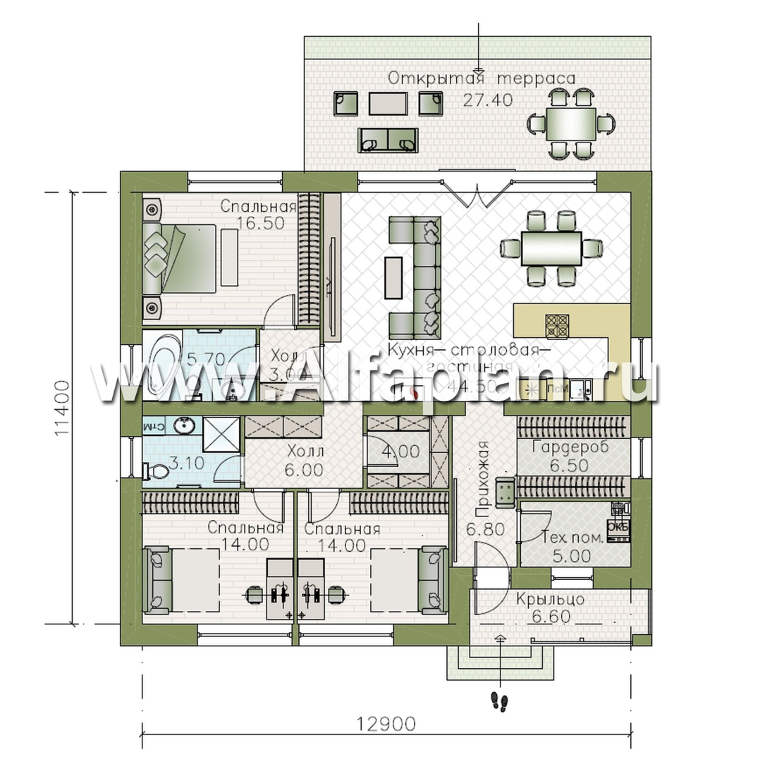 «Соблазн» - проект одноэтажного дома, 3 спальни, панорамное остекление гостиной со стороны двора, отличная планировка - план дома