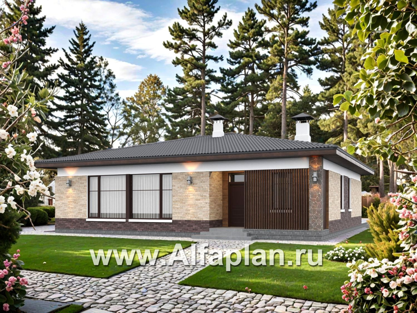 «Соблазн» - проект одноэтажного дома, 3 спальни, панорамное остекление гостиной со стороны двора, отличная планировка - основное изображение