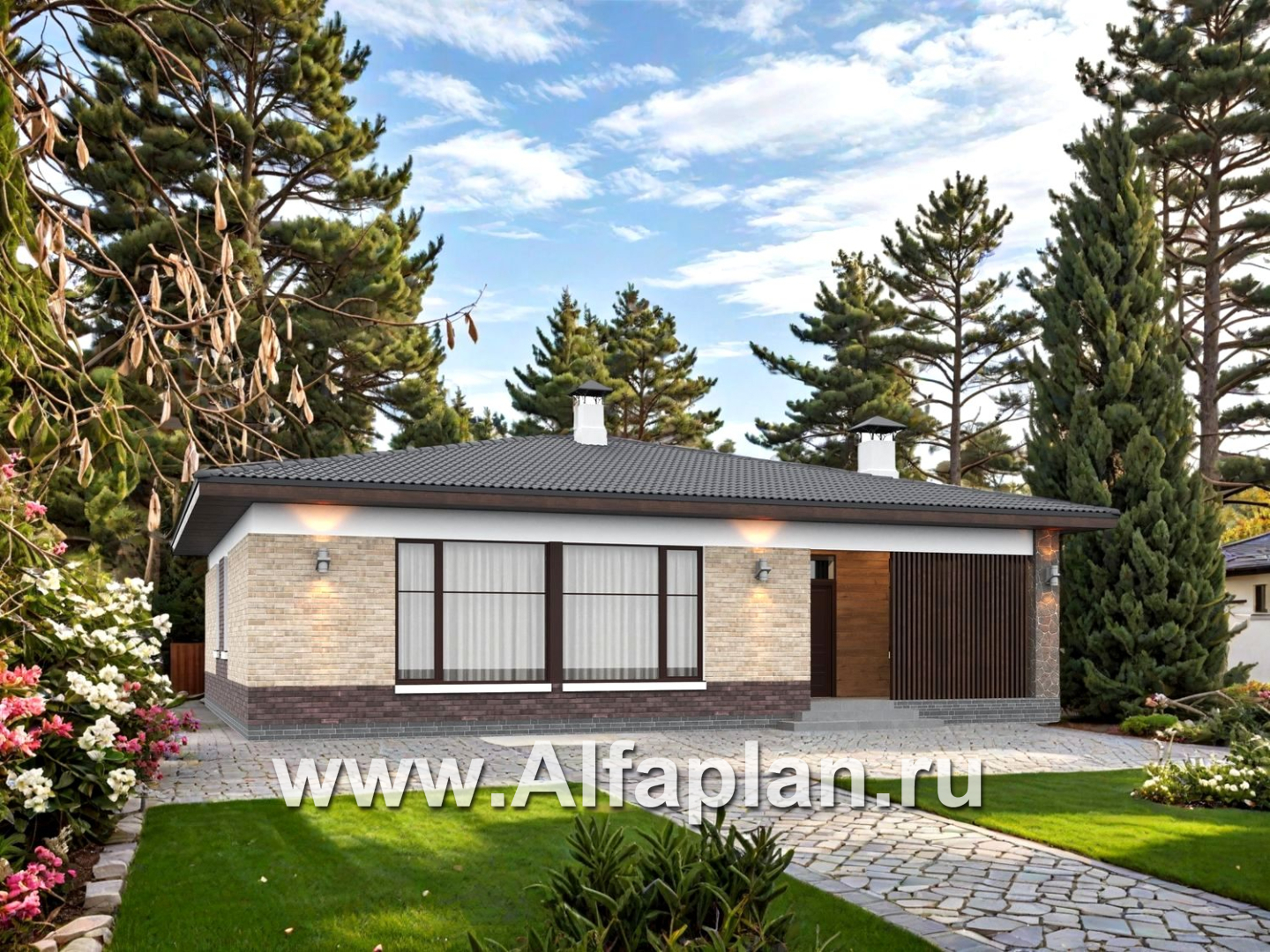 «Соблазн» - проект одноэтажного дома, 3 спальни, панорамное остекление гостиной со стороны двора, отличная планировка - дизайн дома №1