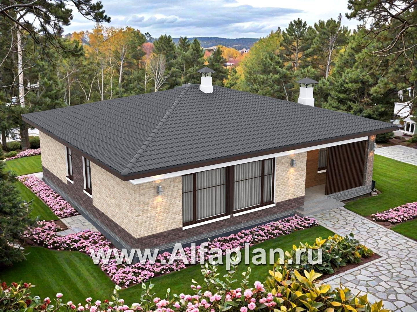 «Соблазн» - проект одноэтажного дома, 3 спальни, панорамное остекление гостиной со стороны двора, отличная планировка - дизайн дома №2