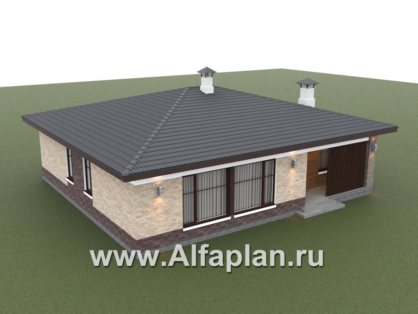 «Соблазн» - проект одноэтажного дома, 3 спальни, панорамное остекление гостиной со стороны двора, отличная планировка - дизайн дома №5