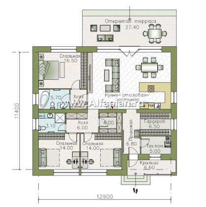 «Соблазн» - проект одноэтажного дома, 3 спальни, панорамное остекление гостиной со стороны двора, отличная планировка - превью план дома